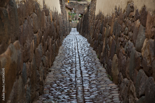 Narrow stone street in Ollantaytambo; Ollantaytambo, Peru