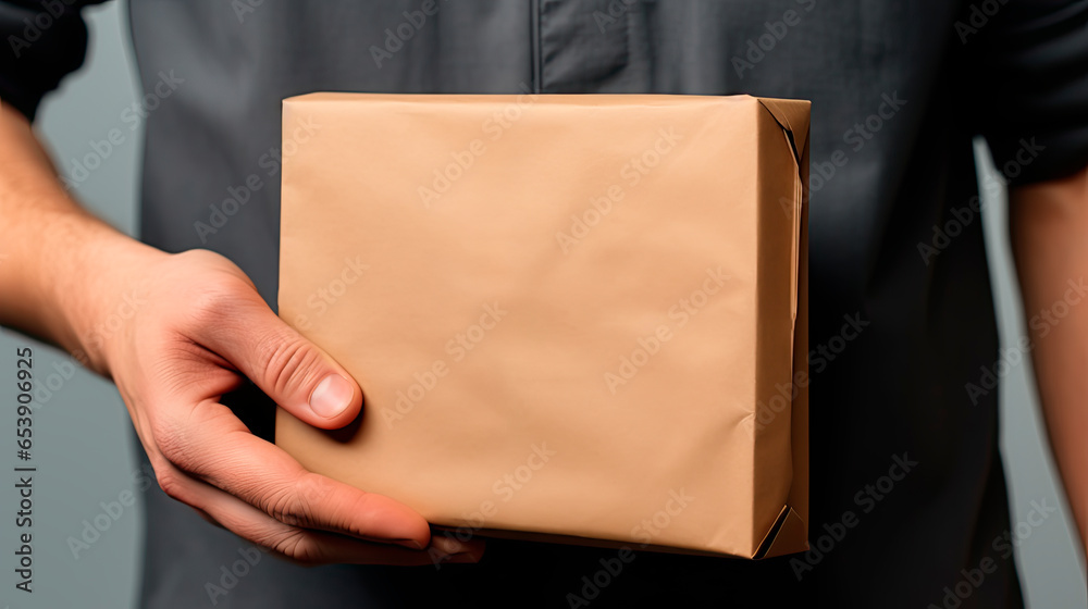 Fototapeta premium A package in the hands of a courier. Mockup for product branding.