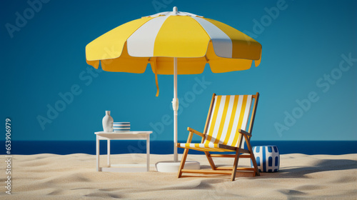 A bright striped umbrella opened up and propped against a yellow and white striped beach chair 