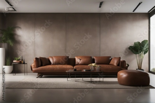 Concrete and with copper decorated wall and brown leather sofa Interior design of modern living roo photo