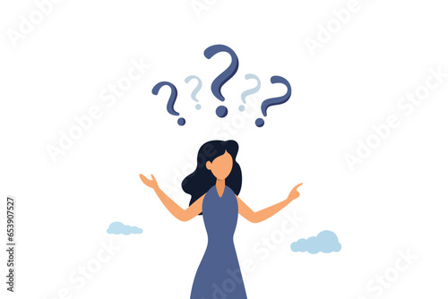 Question answer or solution, uncertainty, problem solving, businesswoman thinking and decision making with many question marks. illustration
