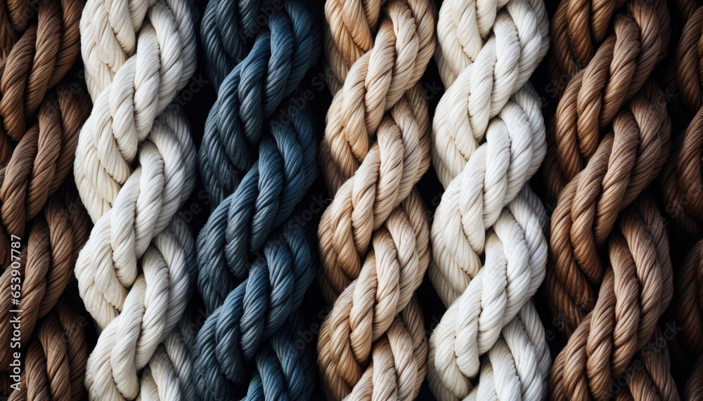 Close-up of braided multicolored straight ropes laid out side by side in a row.