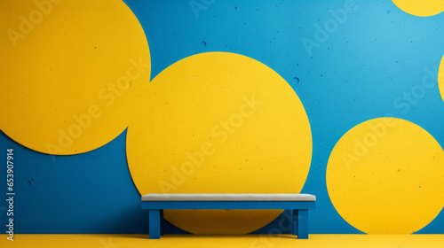 A bright blue wall with a pattern of yellow circles with a table in front