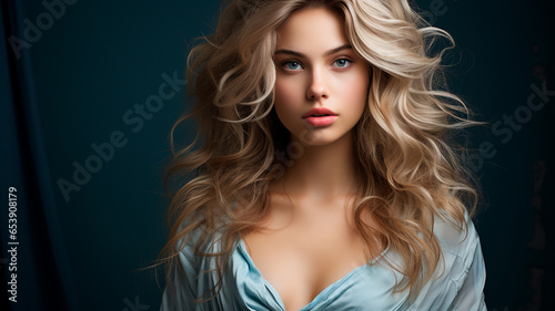 portrait of beautiful blonde woman with curly wavy hairstyle.