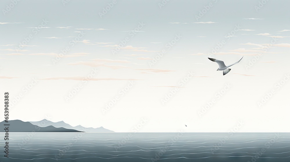  a seagull flying over the ocean with a mountain in the background.  generative ai