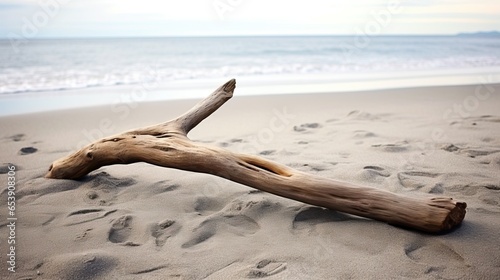  a piece of driftwood on a beach with footprints in the sand. generative ai