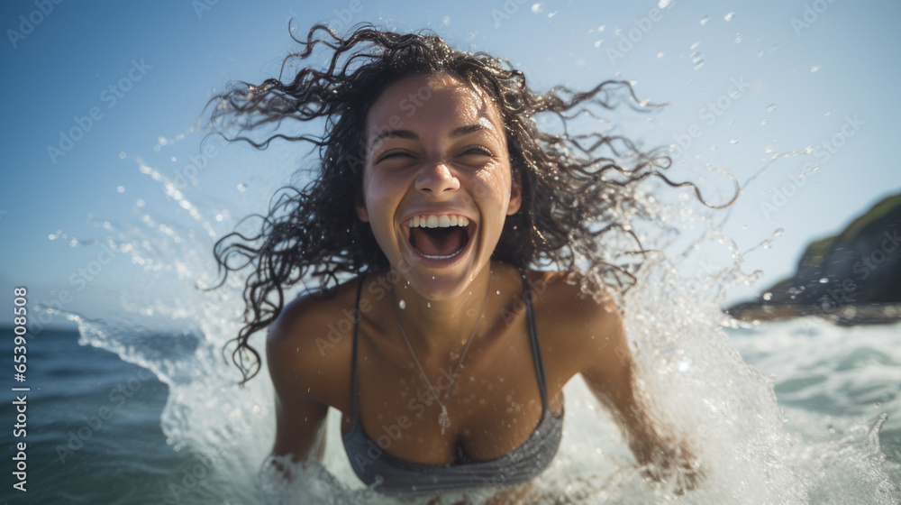 Happy woman enjoys a seaside vacation splashing water on the beach Happy woman enjoys a seaside vacation splashing water on the beach