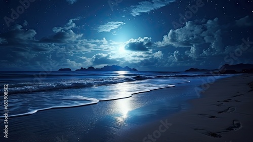  a full moon shines brightly over the ocean on a beach.  generative ai