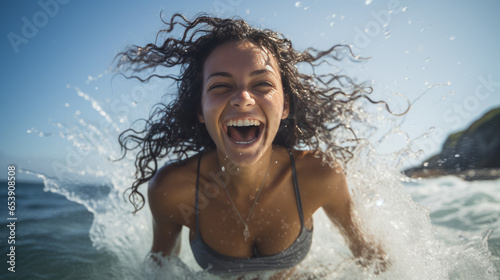 Happy woman enjoys a seaside vacation splashing water on the beach © MP Studio