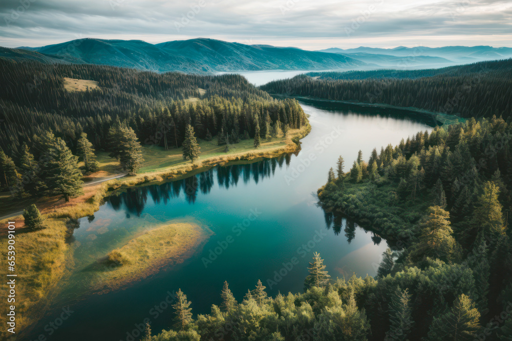 Pine Trees Forest with Tranquil Lake reflections, beautiful sky, Professional Photography, Drone View