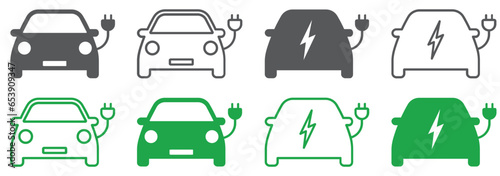 Set of electric car icons. Eco friendly auto with electrical charging cable icon. Hybrid car, charging station sign. Vector.