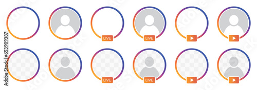 Set of Instagram stories vector icons. Live stream. Live user video streaming symbol. Avatar stories logo. Circle frame for profile picture. Social media logotype. New story icon.