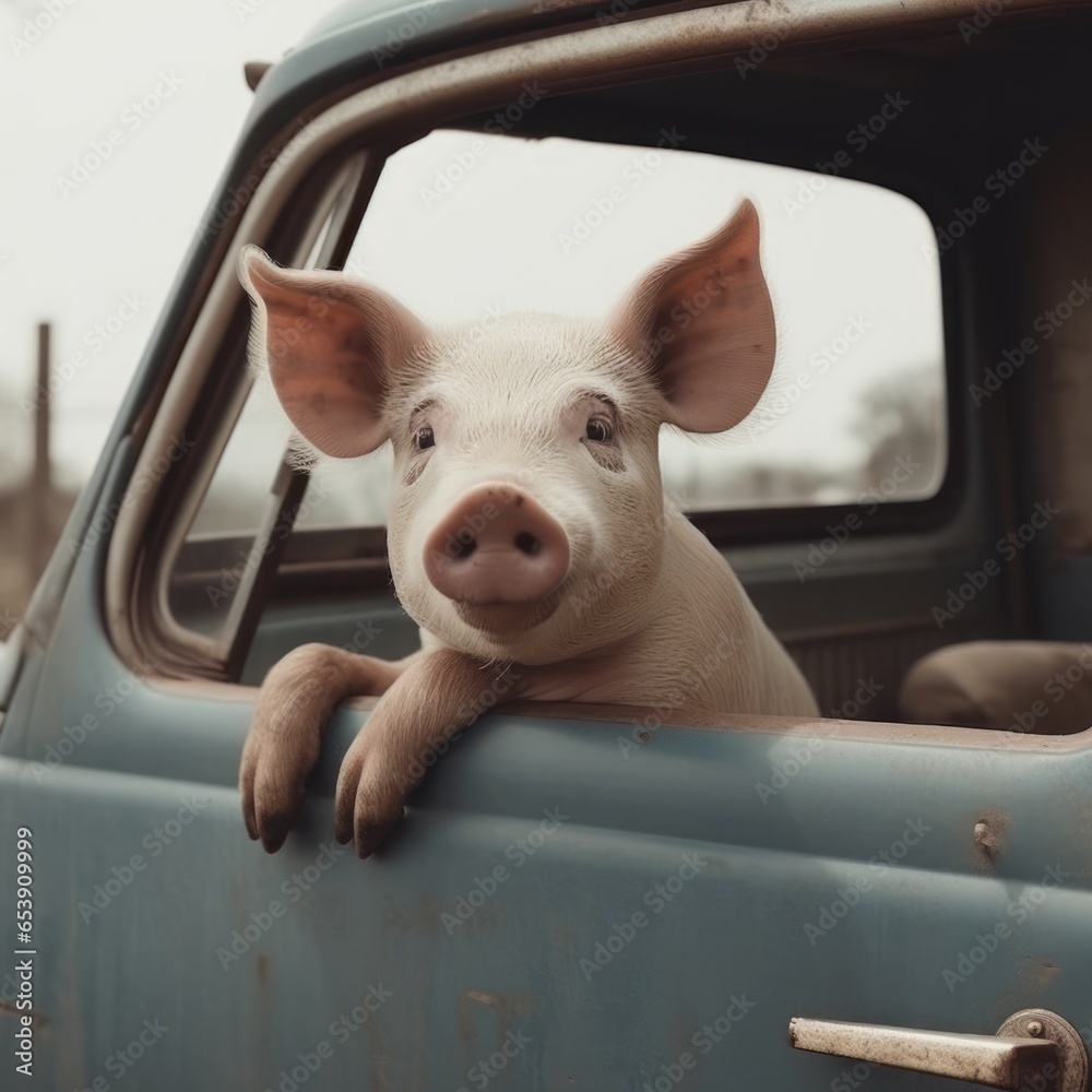 Pequeno porco suíno na janela de um carro antigo - obrazy, fototapety, plakaty 
