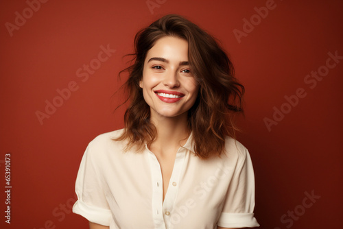 A portrait of a young american woman against a dark red background. Minimalistic style image for business banner. © All Creative Lines