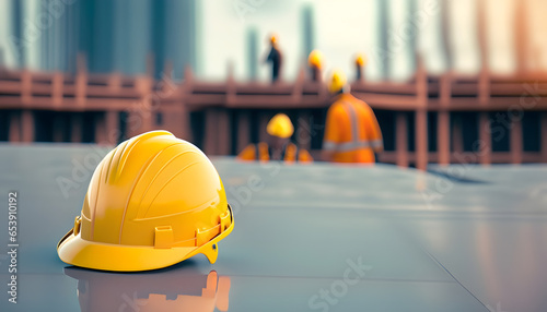 Vivid Yellow Construction Helmet with Copyspace on Blurred Construction Site Background