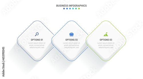 Timeline infographic with infochart. Modern presentation template with 3 spets for business process. Website template on white background for concept modern design. Horizontal layout.