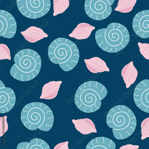 Seamless ocean themed pattern with hand drawn seashells. 