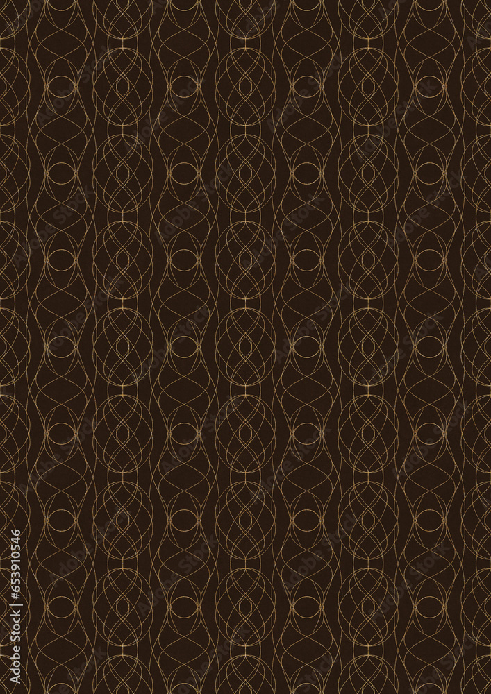 Hand-drawn unique abstract symmetrical seamless gold ornament on a dark brown background. Paper texture. Digital artwork, A4. (pattern: p10-1f)