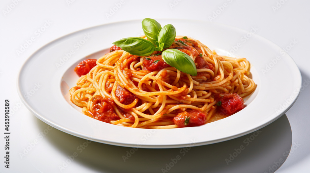 Delicious Plate of Spaghetti with Tomato Sauce on a White Background. Generative AI Delicious Plate of Spaghetti with Tomato Sauce on a White Background. Generative AI