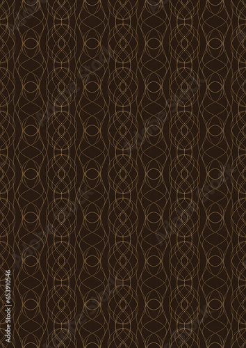 Hand-drawn unique abstract symmetrical seamless gold ornament on a dark brown background. Paper texture. Digital artwork, A4. (pattern: p10-1f) © Maria