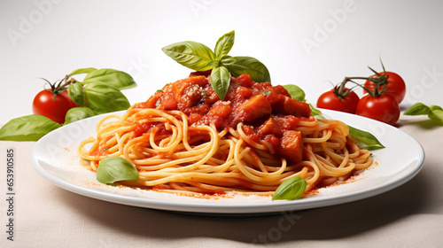 Delicious Plate of Spaghetti with Tomato Sauce on a White Background. Generative AI