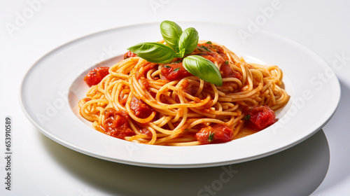 Delicious Plate of Spaghetti with Tomato Sauce on a White Background. Generative AI
