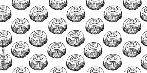 Seamless pattern with sketch style cinnamon rolls with glaze. Background with engraving style cinnamon bun. Texture with hand drawn dessert. Black and white twisted bun