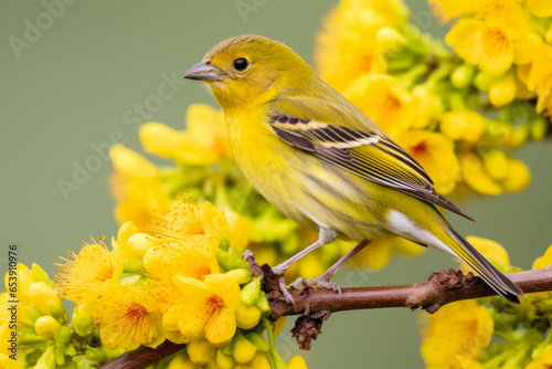 Portrait of a small, vibrant yellow finch perched on a branch adorned with bright yellow flowers. It gazes to the left its posture relaxed, seemingly at peace in its natural environment