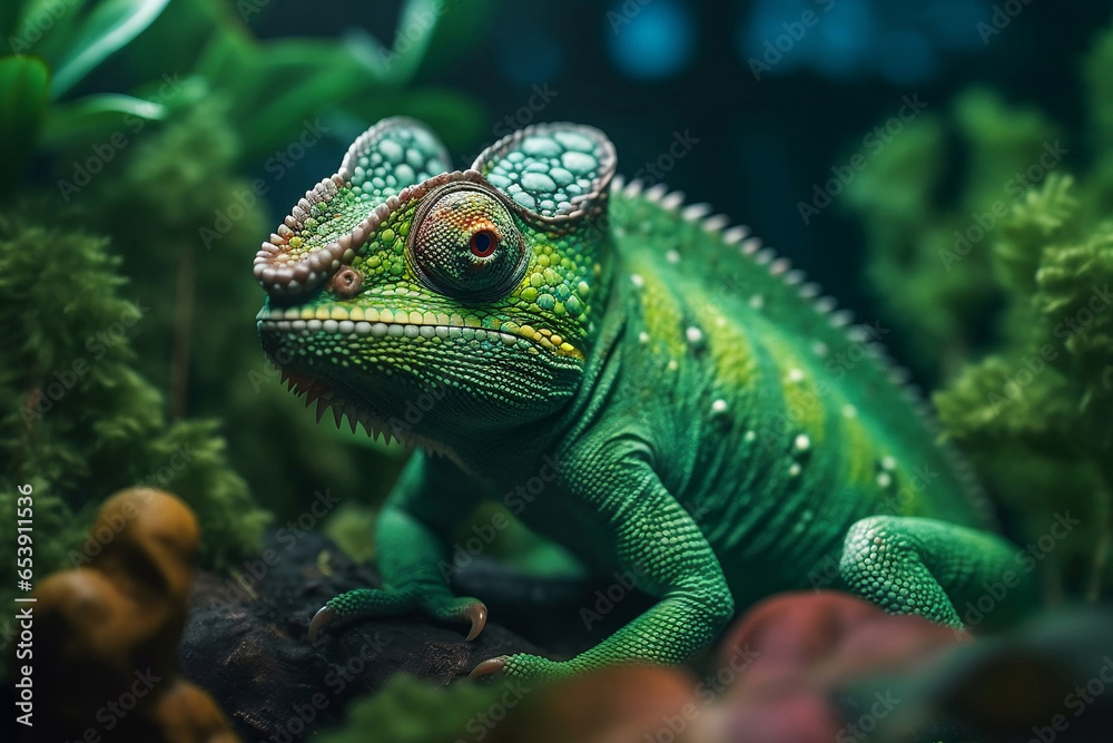 Green colored chameleon close up. Generative AI Green colored chameleon close up. Generative AI