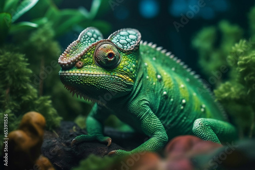 Green colored chameleon close up. Generative AI