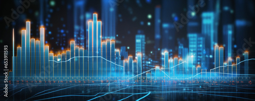 Panoramic background with stock market chart, digital financial chart graphs and indicators. Generative AI