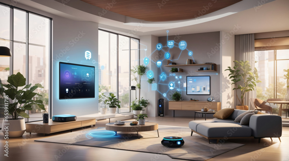 Image of a smart room with interconnected IoT devices, voice-activated controls, and a seamless, tech-enhanced living space - obrazy, fototapety, plakaty 