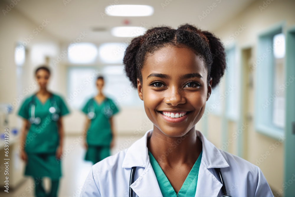 medium shot front view of young age black female doctor in doctors outfit looking at camera while standing in the hospital, team of nurses in background medium shot front view of young age black female doctor in doctors outfit looking at camera while standing in the hospital, team of nurses in background