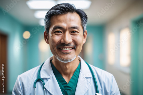 portrait shot of old age asian male doctor in doctors outfit looking at camera while standing in the hospital, sly smile, blurred background