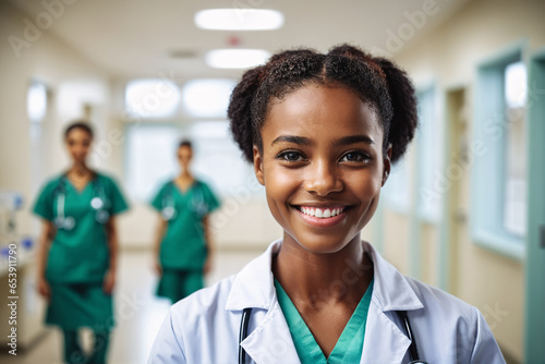 medium shot front view of young age black female doctor in doctors outfit looking at camera while standing in the hospital, team of nurses in background