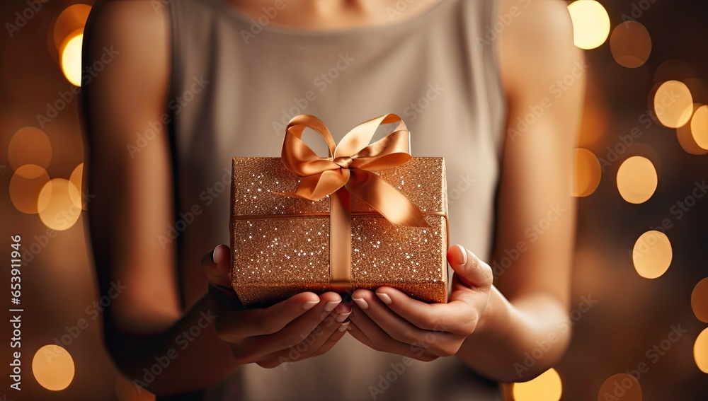 Zgrabna kobieta trzyma w rękach pięknie zapakowany pudełko z prezentem z kokardą  - obrazy, fototapety, plakaty 