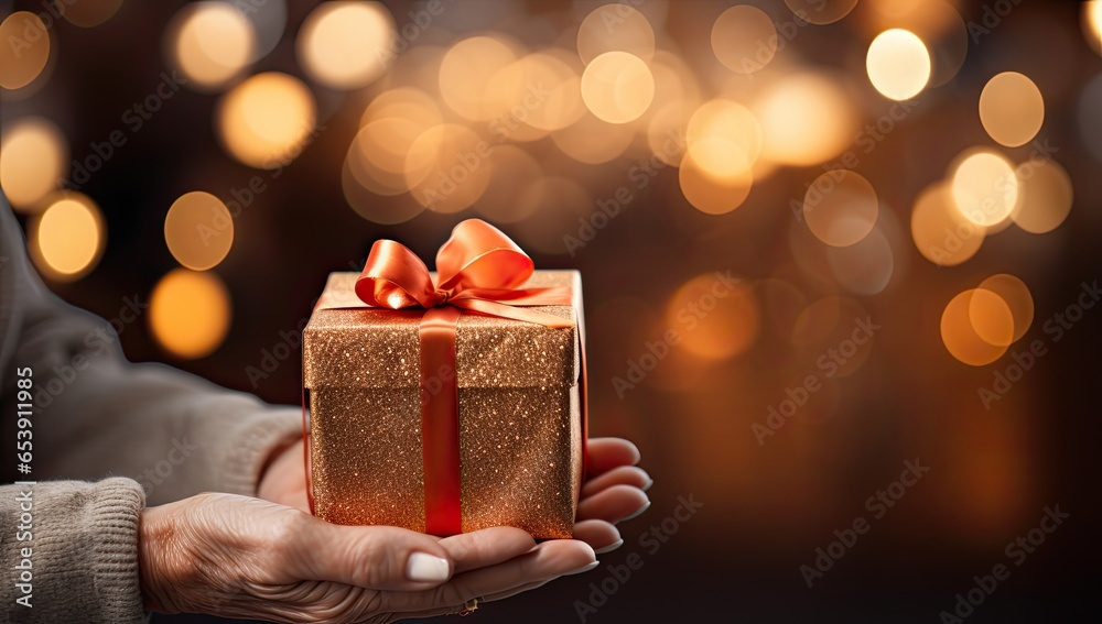 Starsza kobieta trzyma w rękach pięknie zapakowany prezent świąteczny z kokardą.  - obrazy, fototapety, plakaty 