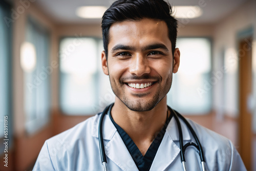 portrait shot of young age indigenous male doctor in doctors outfit looking at camera while standing in the hospital, sly smile, blurred background photo