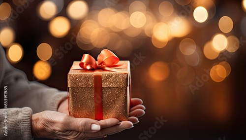 Starsza kobieta trzyma w rękach pięknie zapakowany prezent świąteczny z kokardą. 