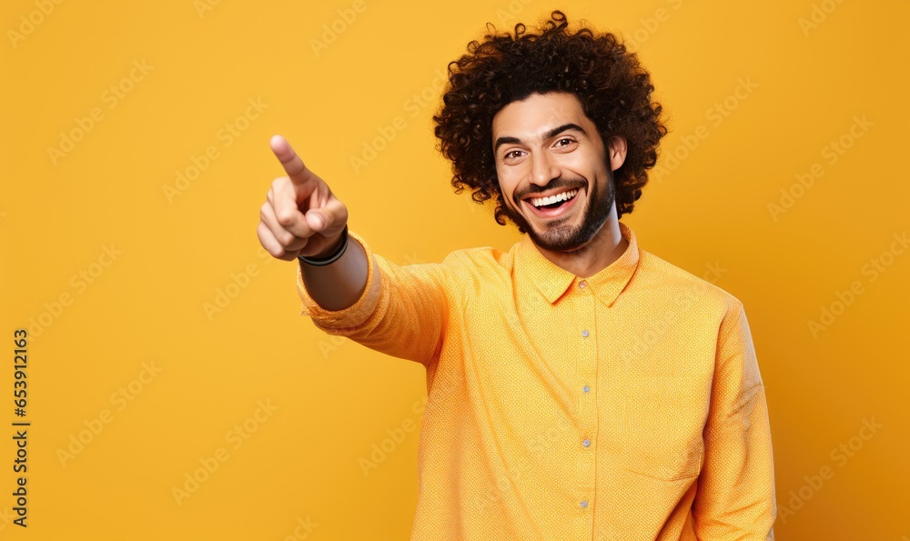 Man smiling with smile pointing at copy space, on yellow background. Generative AI Man smiling with smile pointing at copy space, on yellow background. Generative AI