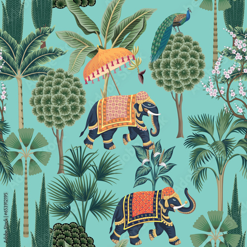 Indian elephant, peacock, palms, trees seamless pattern. Oriental wallpaper.