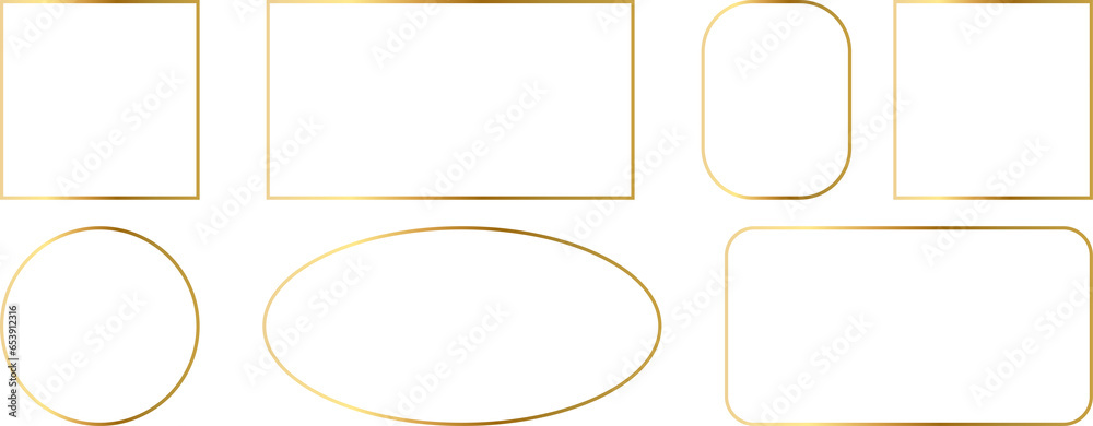 Gold shiny glowing frames set. Pack of luxury realistic square, round, oval borders. PNG - obrazy, fototapety, plakaty 