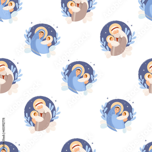 Christmas seamless pattern. Holy family. saint Virgin Mary and Joseph with divine baby Jesus Christ on white background. vector illustration for Xmas design, wallpaper, decor, print, packaging.
