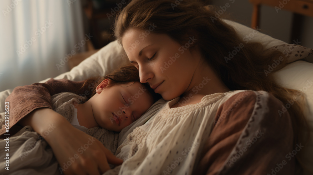 In a tender moment,a mother lovingly cuddles with her child on the cozy bed,enveloping them in warmth and affection.Their embrace is testament to the deep bond between them, Generative AI Illustration In a tender moment,a mother lovingly cuddles with her child on the cozy bed,enveloping them in warmth and affection.Their embrace is testament to the deep bond between them, Generative AI Illustration