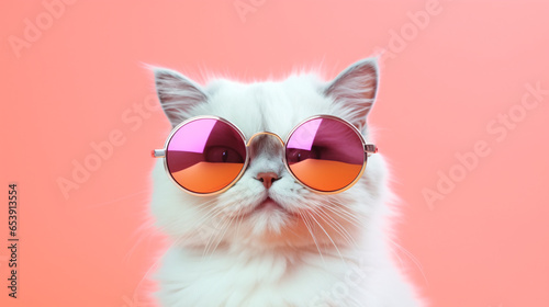 A cat, adorned with fashionable glasses, strikes a pose in a studio with a vibrant, multi-colored background, creating a whimsical and eye-catching portrait. Generative AI Illustration. closeup.