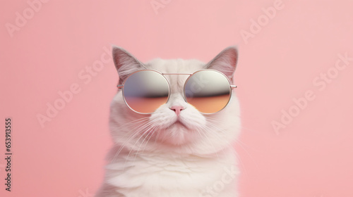 A cat  adorned with fashionable glasses  strikes a pose in a studio with a vibrant  multi-colored background  creating a whimsical and eye-catching portrait. Generative AI Illustration. closeup.