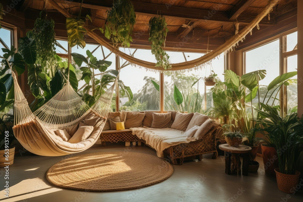 house in eco style. house plants. big windows. a lot of light in the room. relaxing hammock, comfortable furniture for relaxation. wooden floors and natural beauty wooden decor