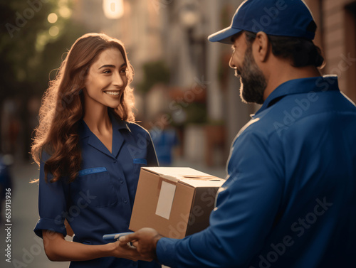 A man in a blue uniform, emblematic of his delivery role,stands before a woman,handing over a parcel box with a courteous smile. In the background, a cargo truck awaits,ready to continue.Generative AI © peerapong