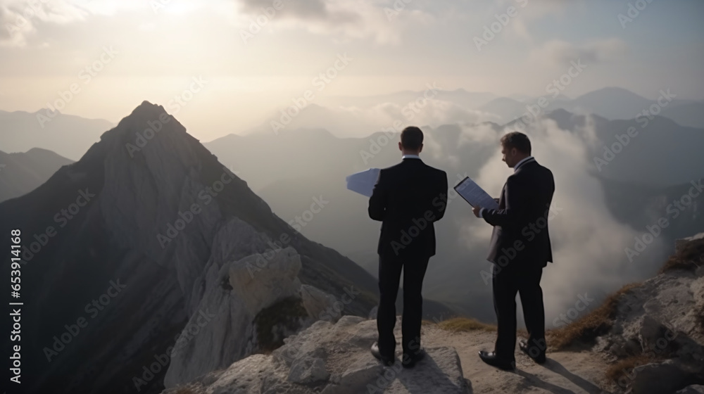 Two foreign executives engage in intense negotiations, strategically discussing the terms of an international contract against the breathtaking backdrop of a mountain peak. Generative AI Illustration.