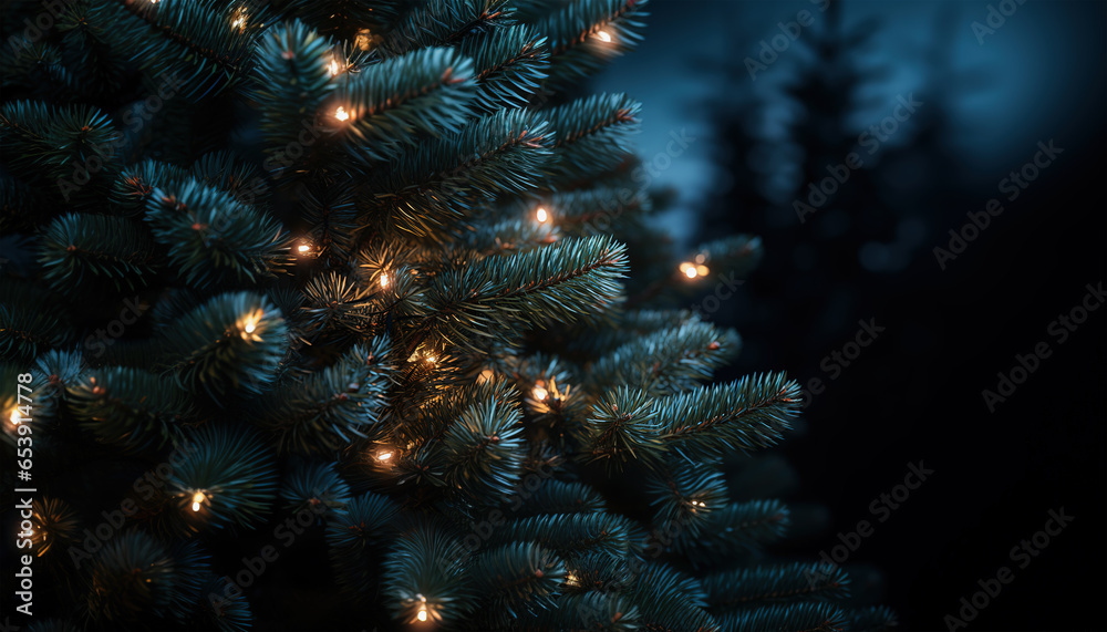 Pin tree branches with lights on the winter background Generative AI